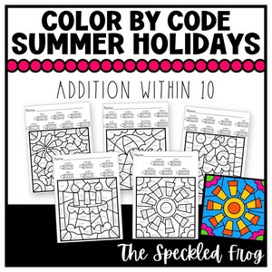 May include: Color by code summer holidays addition within 10 worksheets. Five black and white worksheets feature summer holiday themes like fireworks, ice cream, and a beach umbrella. The completed worksheets will reveal a colorful image of a firework, ice cream, beach umbrella, birthday cake, and a sun.