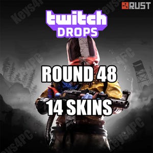Könnte beinhalten: Bild zur Werbung für Twitch Drops für das Spiel Rust. Das Bild zeigt eine Figur in einem Schutzanzug, die eine Waffe hält, mit den Texten "Twitch Drops", "Round 48" und "14 Skins". Der Hintergrund ist eine dunkle, rauchige Landschaft.