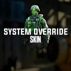 May include: A person in a military-style outfit with a black and green camouflage pattern. The outfit includes a helmet, face covering, and tactical vest. The words "SYSTEM OVERRIDE SKIN" are displayed in large white letters.