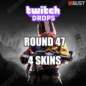 May include: Image promoting Twitch Drops for the game Rust. The image features a character in protective gear holding a weapon, with text overlayed: "Twitch Drops," "Round 47," and "4 Skins." The background is a dark, smoky scene.