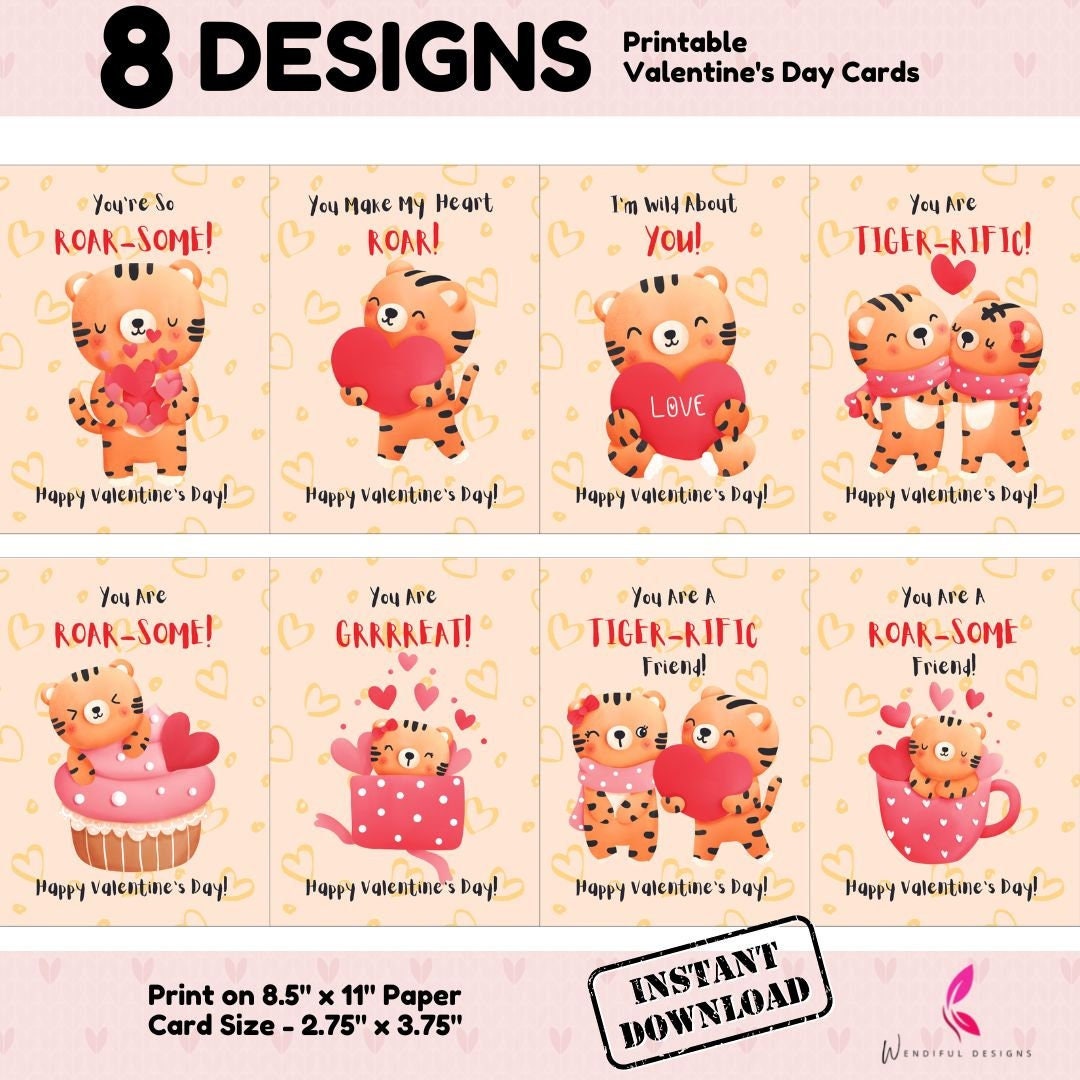 Tiger Valentine Cards Printable Instant Download Kids - Etsy
