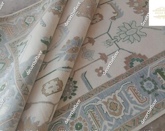 Tappeto Oushak in lana annodato a mano: tappeto verde di ispirazione vintage (8x10)