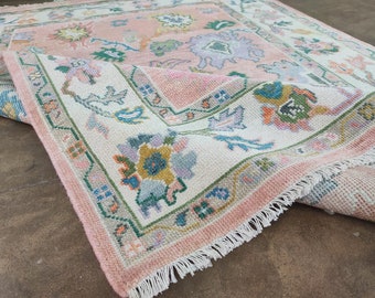 ready to ship 8x10 pink Oushak rug Made to Order Geometric Knotted Modern Oushak rug/ large area rug/pastel/sage/muted oushak rug.