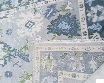 Hand Knotted Wool Oushak Rug: Modern Blue, Gray & Green
