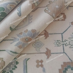 Tappeto decorativo in lana Oushak morbido pastello annodato a mano color crema sabbia 10X14 (consegna rapida)