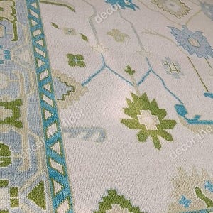8x10 green white Oushak Made to Order (In Any Size!!!!!) Geometric Knotted Modern Oushak rug/ large area rug/pastel/sage/muted oushak rug.