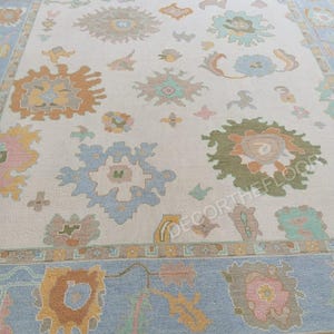Hand Knotted Wool Oushak Rug: Sky Blue, Beige, Orange, Green - Made to Order