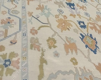 Hand-Knotted Wool Oushak Rug: Gray Geometric, 9x12 Vintage Style