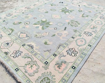 May include: A rectangular area rug with a light blue field and a detailed border. The rug features floral and geometric patterns in shades of green, pink, and cream. The rug's design is symmetrical, with a central pattern and a decorative border.