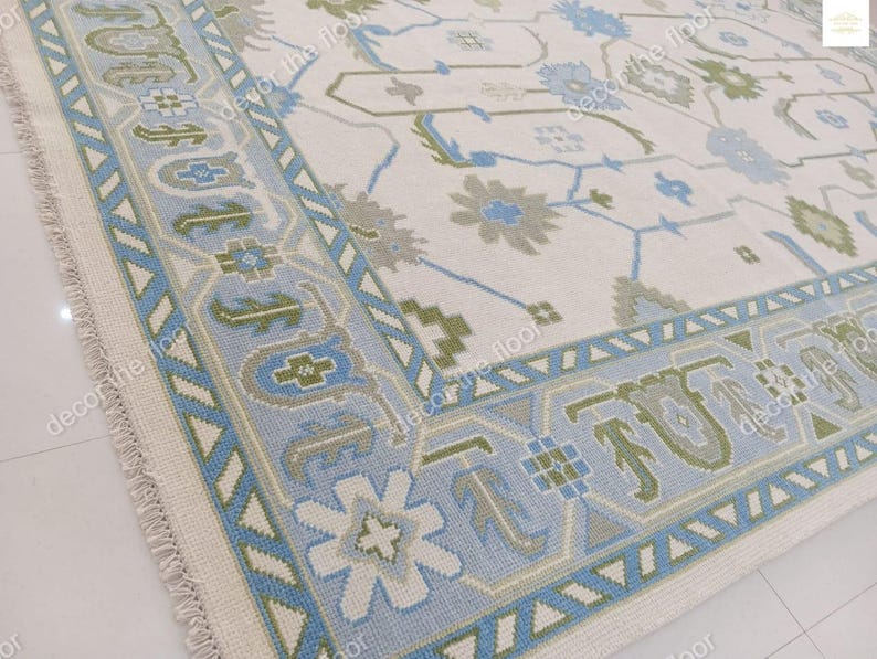 Blue Wool Oushak Rug: Hand-knotted Geometric Area Rug - Etsy