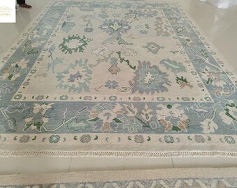 Hand-Knotted Oushak Wool Rug 8x10: Modern Blue, Gray & Green Living Room Decor
