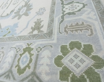 Hand-Knotted Wool Oushak Rug: Sage Pastel, Modern Vintage Style