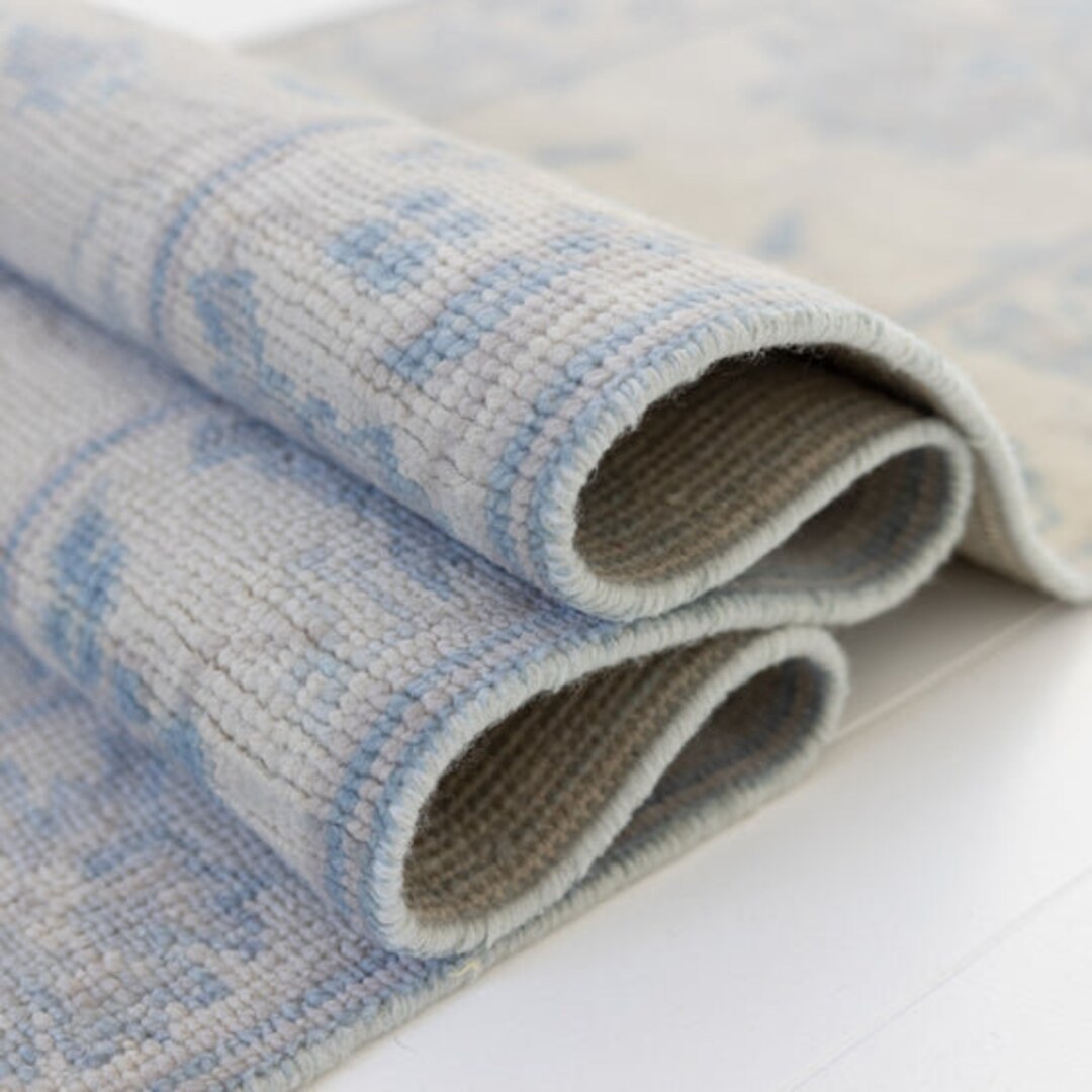 Quick Ship Blue Oushak Made to Order in Any Size Geometric Knotted