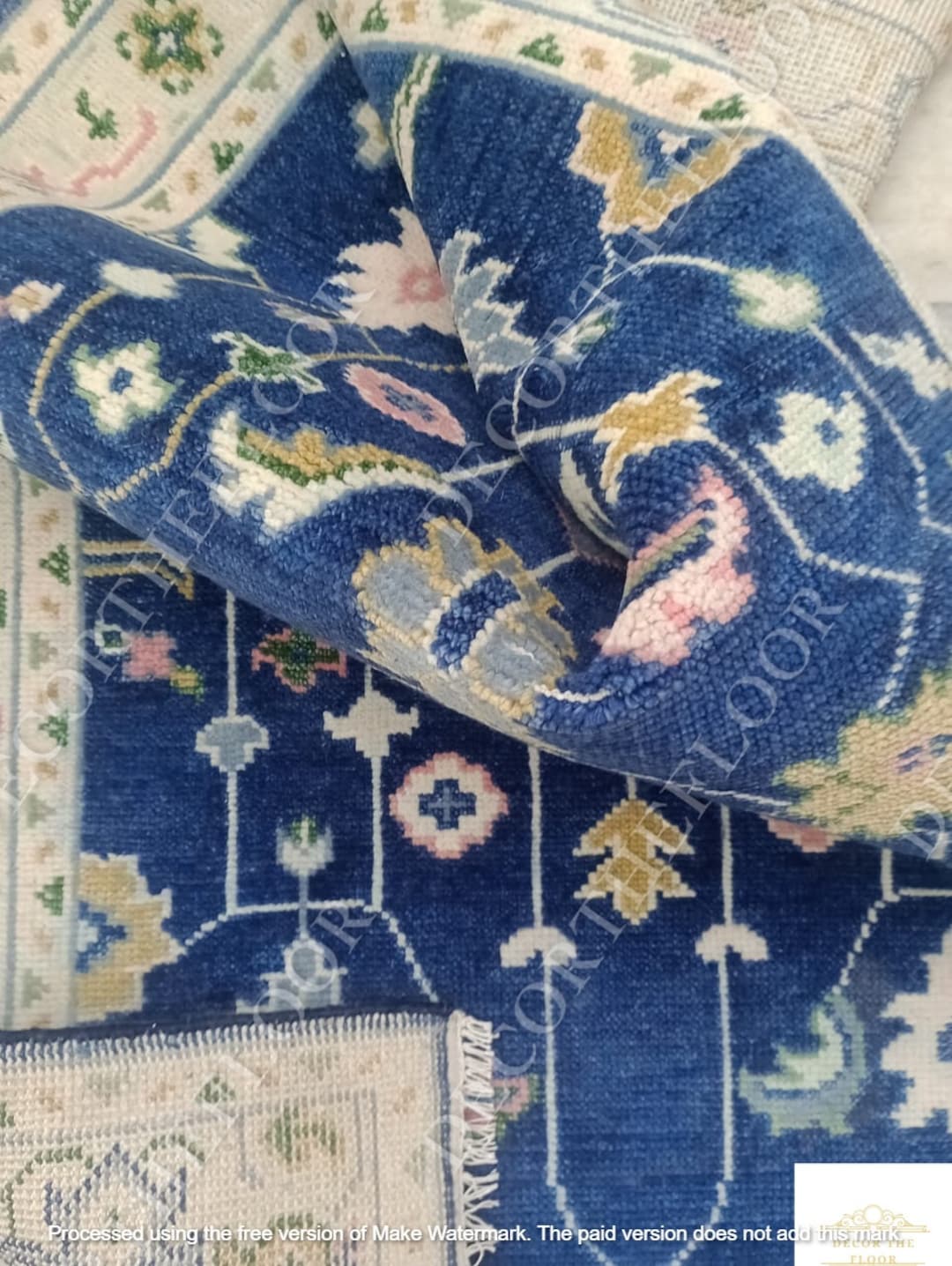 Blue White Oushak Made to Order in Any Size Geometric Knotted Modern