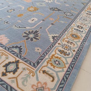 9&#39;X12&#39; Blue And Green Rug, Oushak Rug With Ivory, Olive Green & Light Pink Motifs: Modern Coastal Comfort Area Rug rug fast delivery