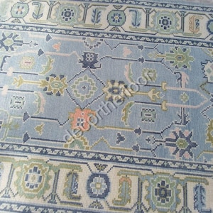 Ready to ship 8x10  blue white Oushak Made to Order (In Any Size!) Geometric Knotted Modern Oushak rug/pastel/sage/muted oushak rug.