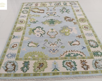 Handwoven Oushak Wool Rug: Light Blue & Green Vintage Style Carpet, 8x10