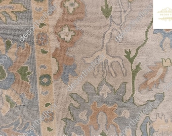 Hand-Knotted Wool Oushak Rug: Modern Blue, Gray & Green