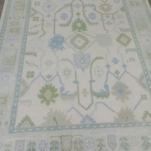 Quick ship blue Oushak Made to Order (In Any Size!!!!!) Geometric Knotted Modern Oushak rug/pastel/muted oushak rug. ready to ship