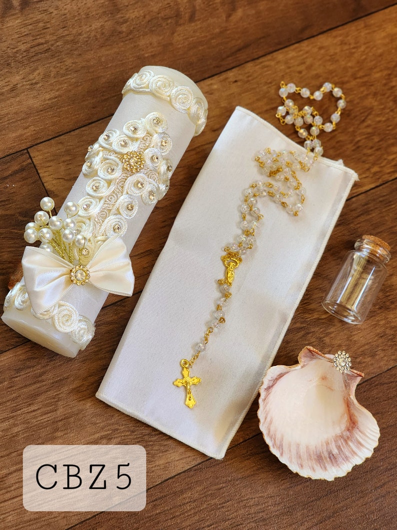 thumbnail interactive-video image 1 of Baptism Candle Set In Spanish - 6-Piece Catholic Baptismal Set With Virgin Mary 1 of 11