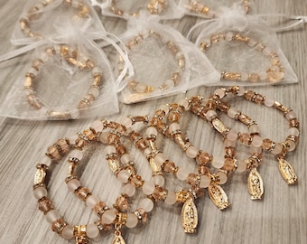 12 PCS Bautizo Recuerdos,Baptism Gift Favor,Quinceañera Gift Favor High Quality Gift Favor Bracelets Gift Beige Bag Included, Guadalupe Boda