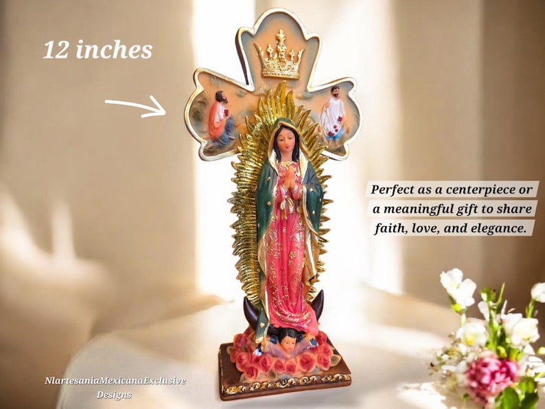 May include: A religious figurine of the Virgin Mary, approximately 12 inches tall, with a gold halo and crown. The figure is dressed in a pink and green robe, standing on a base with roses. The text says "Nlartesania Mexicana Exclusive Designs."