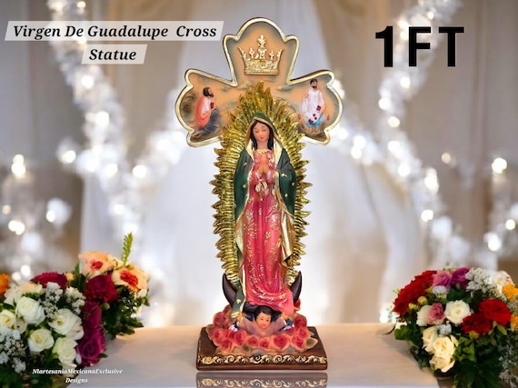 12 in Virgen de Guadalupe Statue Cross Ceramic with Juan Diego Virgen Mary Virgen Guadalupe Gift Favors Center Piece Bautizo Quince Wedding
