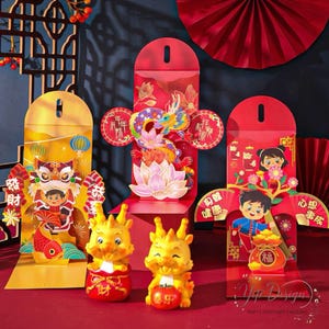 Confezione da 3 buste regalo rosse di lusso intagliate in 3D con motivo a cartoni animati, portafortuna, per matrimoni, compleanni, capodanno cinese e traslochi.