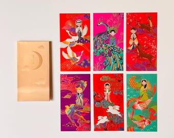 Ny originaldesign - Presentask med 6 st buddhistiska aforismserier 佛语 - Traditionella kinesiska röda kuvert med turpengar