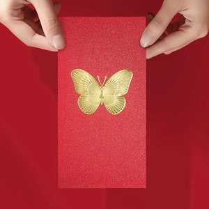 Paquet de 20 pièces 福蝶 Enveloppe rouge papillon haut de gamme en feuille d'or gaufrée au laser Porte-bonheur en argent liquide pour le Nouvel An chinois | Mariage