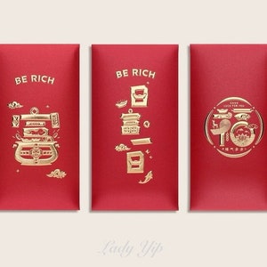 Packung mit 10 Stück Neujahrssegen China Hochzeit Geprägte Goldfolie Rotes Paket / Roter Umschlag Luxuriöse Geldgeschenk Umschlaghalter Kann Benutzerdefinierte sein
