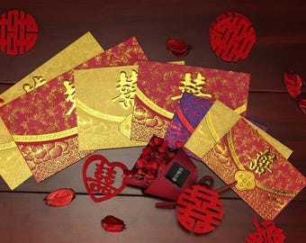 Paquete de 25 sobres rojos de doble felicidad con lámina dorada para regalo de boda china.