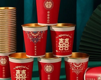 Packung mit 50 Stück von 囍 Double Happiness Love Birds Teezeremonie Tassen | Chinesische Hochzeit | Partyzubehör | Chinesisches Frühlingsfest Dekor Pappbecher