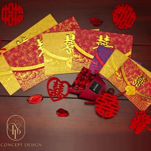 Packung mit 50 Stück Doppeltes Glück 囍 Chinesische Hochzeit Geprägtes Heißprägen Rotes Paket 百年好合 Roter Umschlag Glück Geld Geschenk Paket
