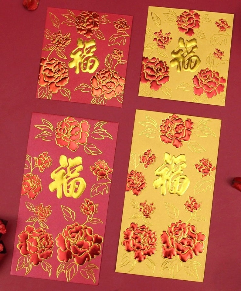 Pack of 50pcs Embossed Gold Foil 福 Red Envelopes Chinese New Year Lucky ...