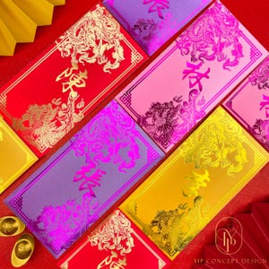 Geschenkbox mit 30 Stück Chinesische Hochzeit ♥ Benutzerdefinierte Goldfolien Hong Kong Nachnamen mit geprägtem Muster Roter Umschlag Glücksgeldgeschenkpaket