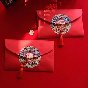 囍 & 福 Seidenwolke Brokat Roter Umschlag für Hochzeit Verlobung Geburtstag Neujahr Feste Handtasche im chinesischen Stil Dekor Klappe Geschenkpaket *