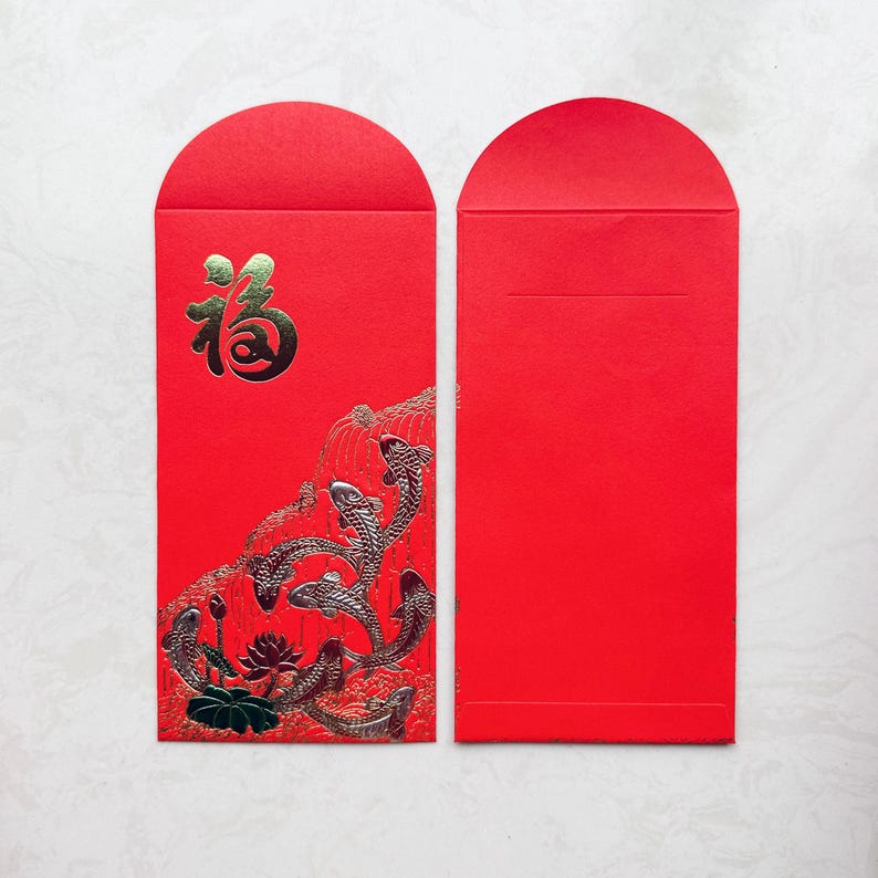 Pack of 20pcs Embossed Gold Foil 福 Red Envelopes 八魚錦鯉荷花 Chinese New ...