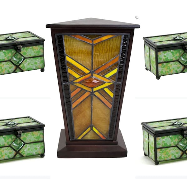 Bundle - Stained Glass Cremation Urn and Keepsake – Mission Style Amber Stained Glass Cremation Urn & FOUR Eternal Meadow KEEPSAKE Chest