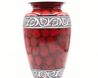 Red and Silver Cremation Urn - 200 Cubic Inches, Metal Ashes Container, Secure Closure, Memorial Urn, Elegant Design - Free Shipping