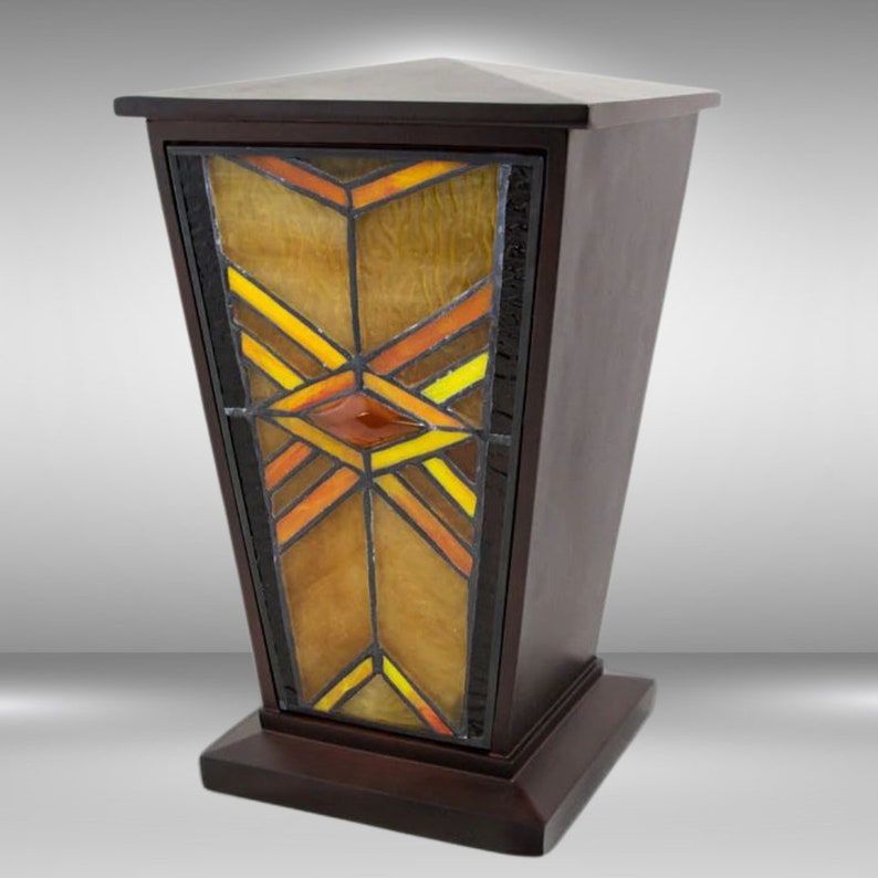 Mission Style Amber Stained Glass Cremation Urn Funeral Urn With FREE