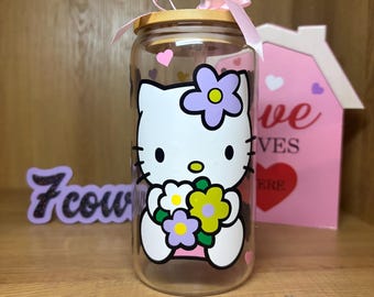 Taza de primavera con diseño de gatito, flor de Hello Kitty, flor de Pascua, taza de amor, lata de café, bebida
