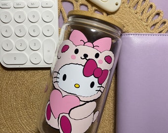 Osito de peluche de Hello Kitty / Disfraz de osito de peluche / Vaso de cristal con tapa / Vaso de café / Vaso de oso kawaii / Vaso rosa