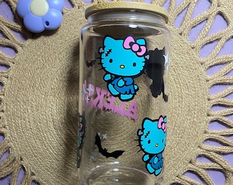 Taza de café helado de cristal estilo Frankenstein de Hello Kitty Zombie / Gato y sus amigos / Halloween / Boo / Taza de cristal con tapa / Escalofriante