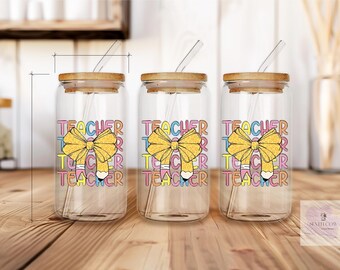 Vaso de vidrio para maestros de 16 oz con tapa de bambú y pajita / Regalo de agradecimiento / Regreso a clases