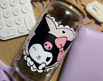 Kuromi Frosted Glass Can with bamboo lid and straw