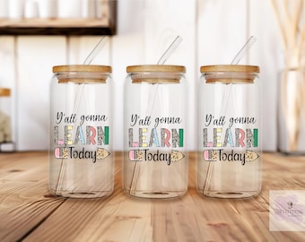 Vaso de vidrio para maestros de 16 oz con tapa de bambú y pajita / Regalo de agradecimiento / Regreso a clases