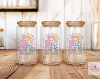 Vaso de vidrio para café helado de 473 ml / Tapa de bambú, pajita / Diseño floral "Razones para ser feliz"