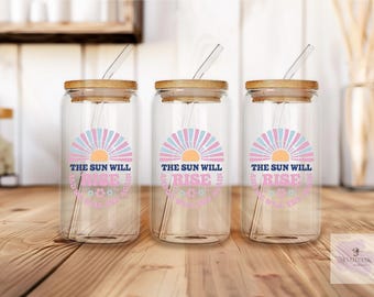 Vaso de vidrio para café helado de 16 oz / Diseño "Sun Rise Faith" con tapa de bambú