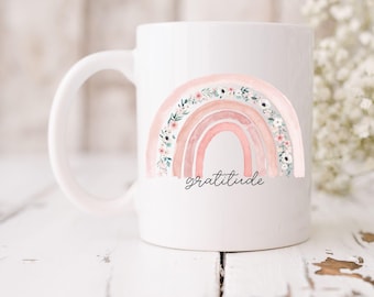 Gratitude Coffee Mug, Inspirational Gift, Positive Mantra Coffee Cup, Boho Rainbow Mug, Gift for Employee, Gift for Co-Worker